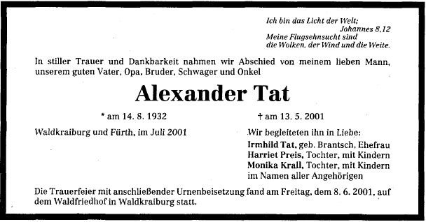 Tat Alexander 1932-2001 Todesanzeige